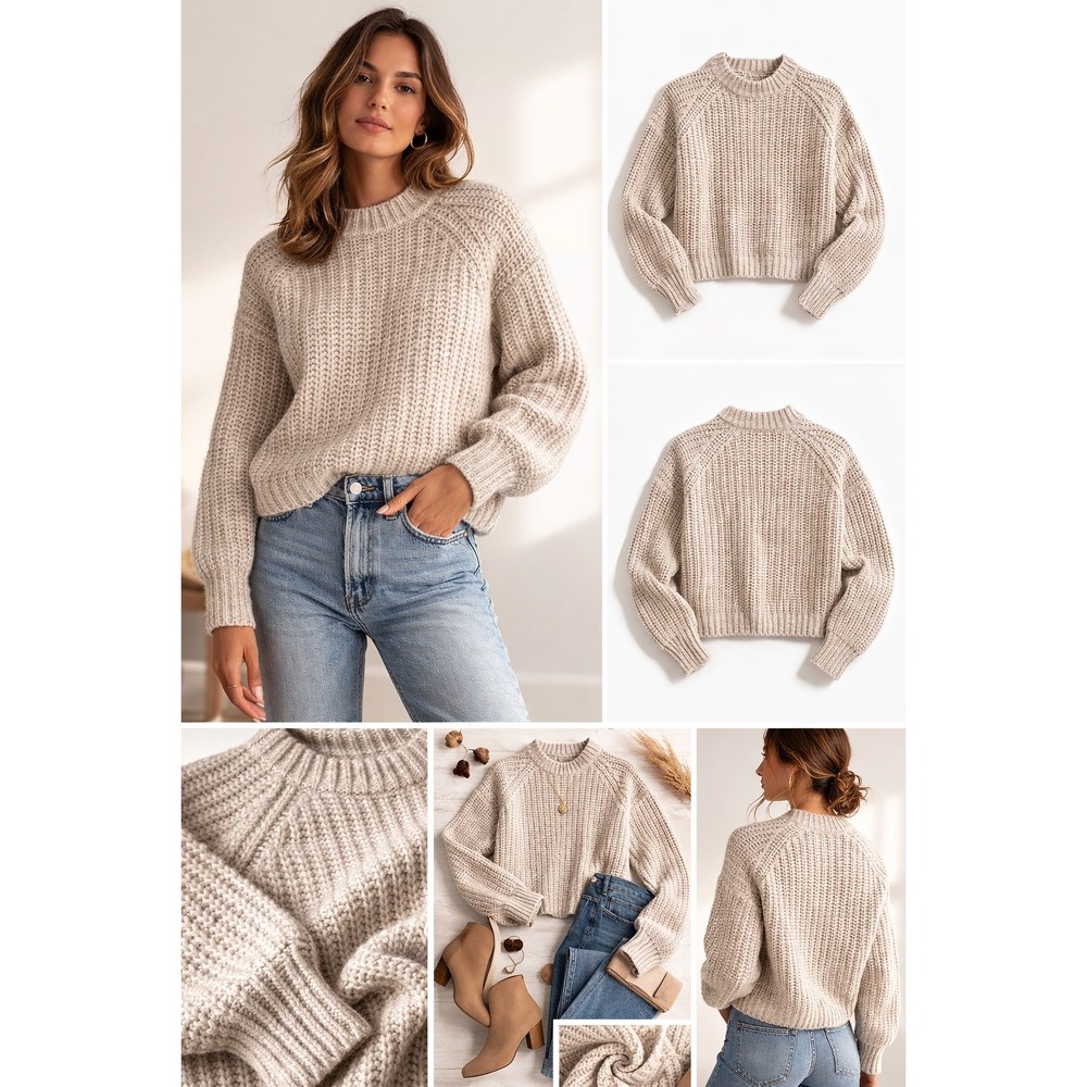 Club Monaco Italian Yarn Chunky Knit Sweater Oatmeal Crewneck XS Luxury Staple